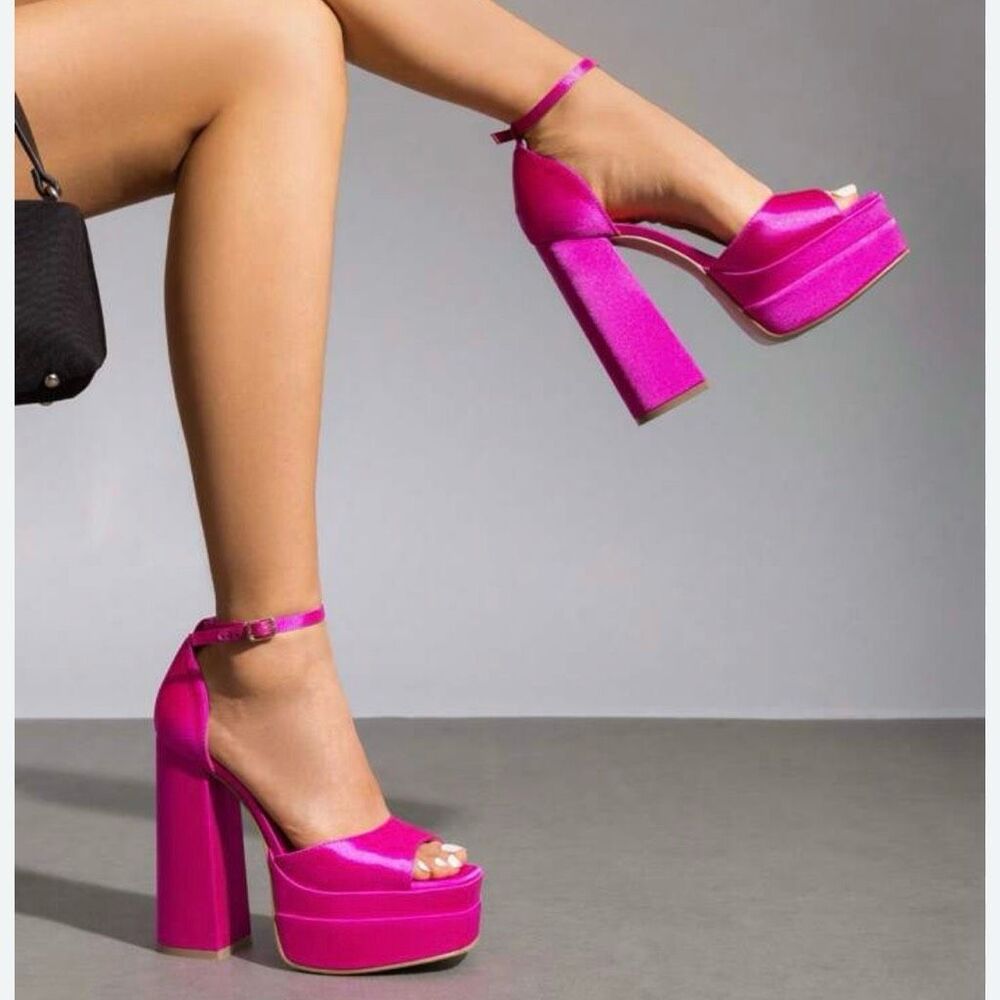 NEW Dream Pairs satin chunky platform heels pumps Size 6 fuchsia hot pink barbie